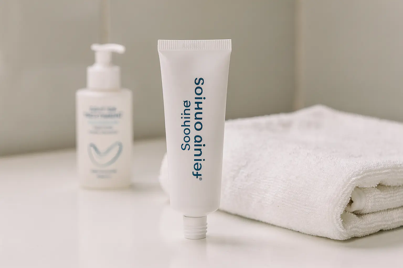 Crème apaisante pour traitement de l'eczéma posée sur un plan de toilette avec serviette douce