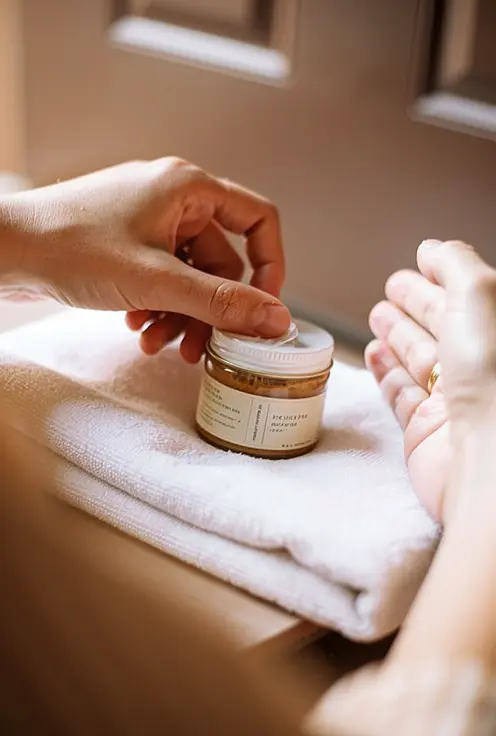Baume naturel pour traiter l'eczéma des mains posé sur une serviette