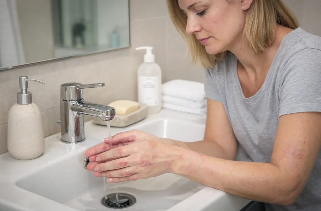 Distributeur de savon doux naturel posé sur un plan de toilette lumineux avec serviettes blanches pour routine de soin visage eczéma