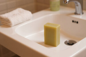 Savon solide beige posé dans un lavabo blanc près d’un robinet, linge enroulé à gauche.