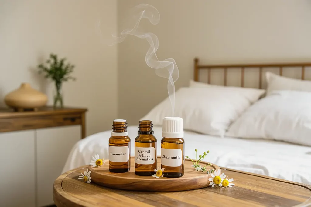 Flacons d'huiles essentielles pour le sommeil sur une table de chevet dans une chambre apaisante