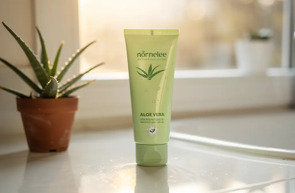 Gel d'aloé vera naturel sur un comptoir de salle de bain avec une plante d'aloès