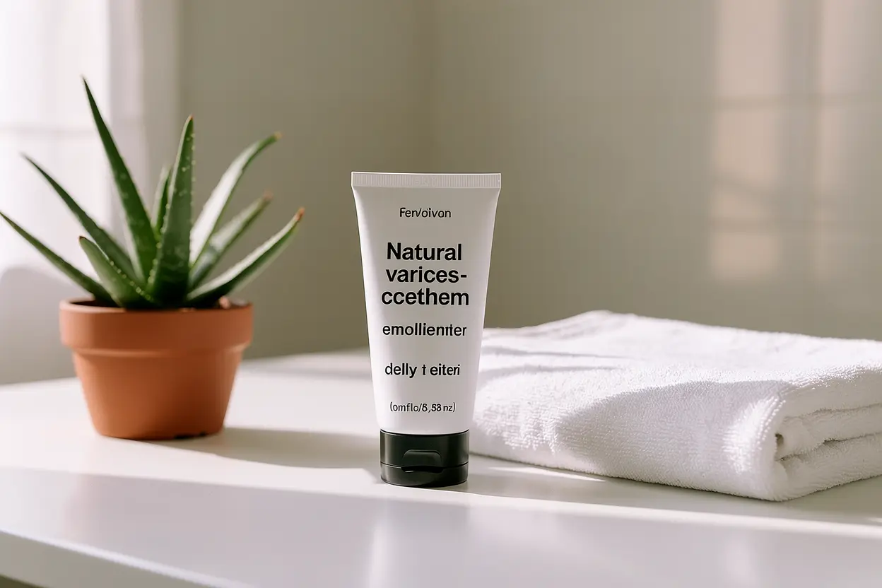 Tube de crème émolliente naturelle posé sur un comptoir de salle de bain pour le traitement de l'eczéma