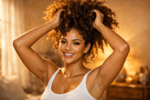 femme qui lève ses cheveux bouclés après un soin capillaire