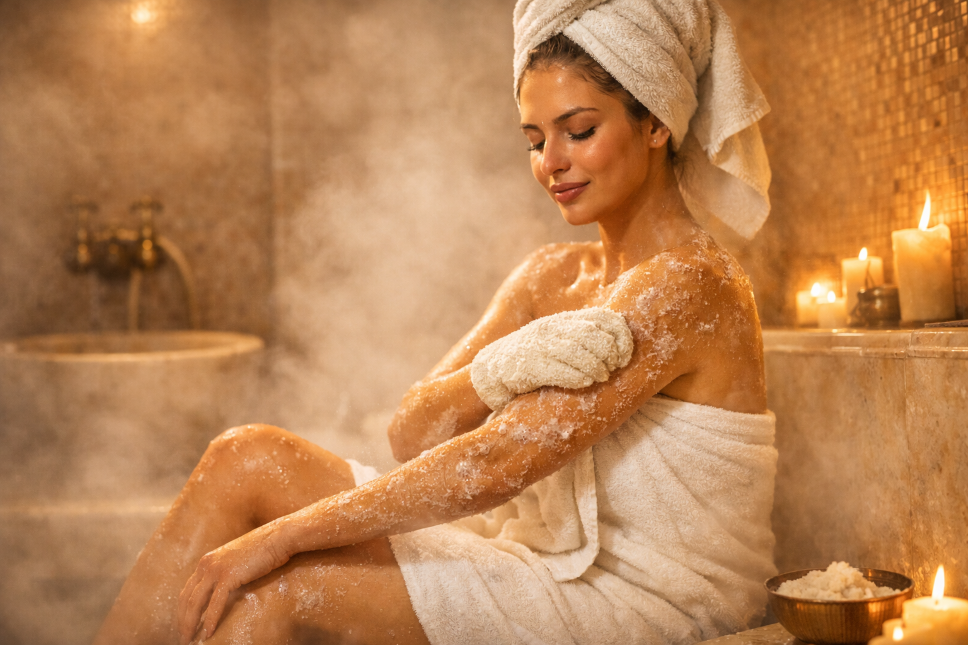 une femme dans un hammam avec de la vapeur gomme son corps en serviette