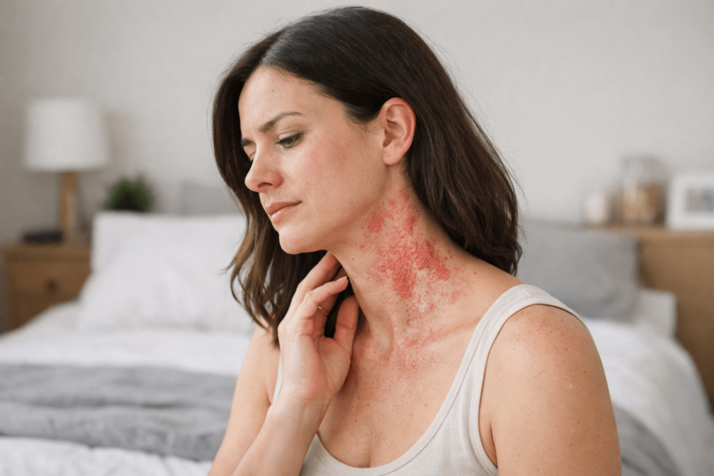 femme dans une chambre avec de l'eczéma sur le cou
