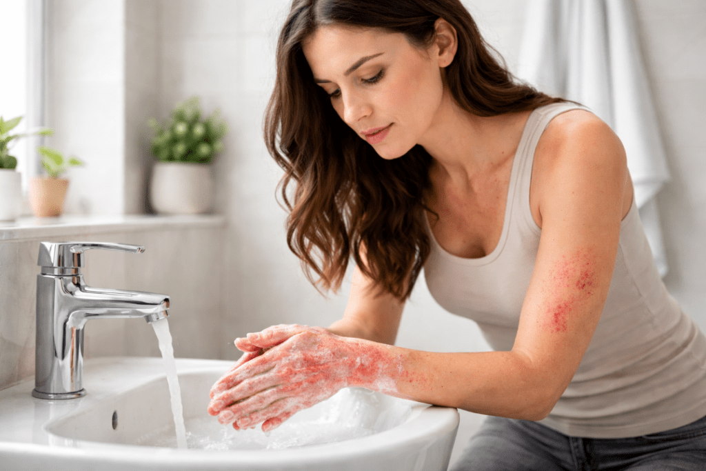 femme dans une salle de bain qui se lave les mains car elle a de la dermite