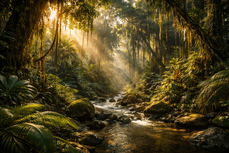 forêt amazonienne avec eau et soleil