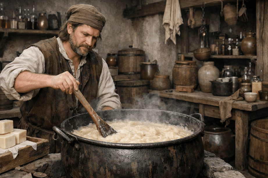 un homme devant un chaudron fabrique du savon au moyen äge