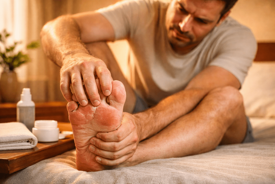 homme qui se gratte le pied dans sa chambre car il a une mycose