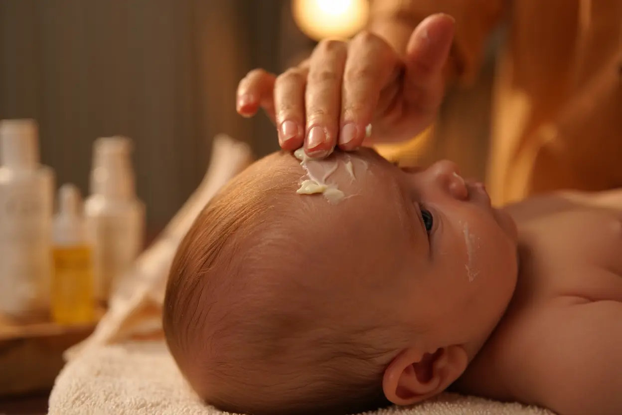 Application d'un soin hydratant sur le cuir chevelu de bébé