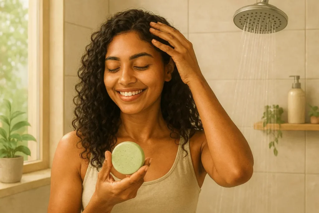 Femme aux cheveux bouclés touchant son cuir chevelu dans une salle de bain lumineuse