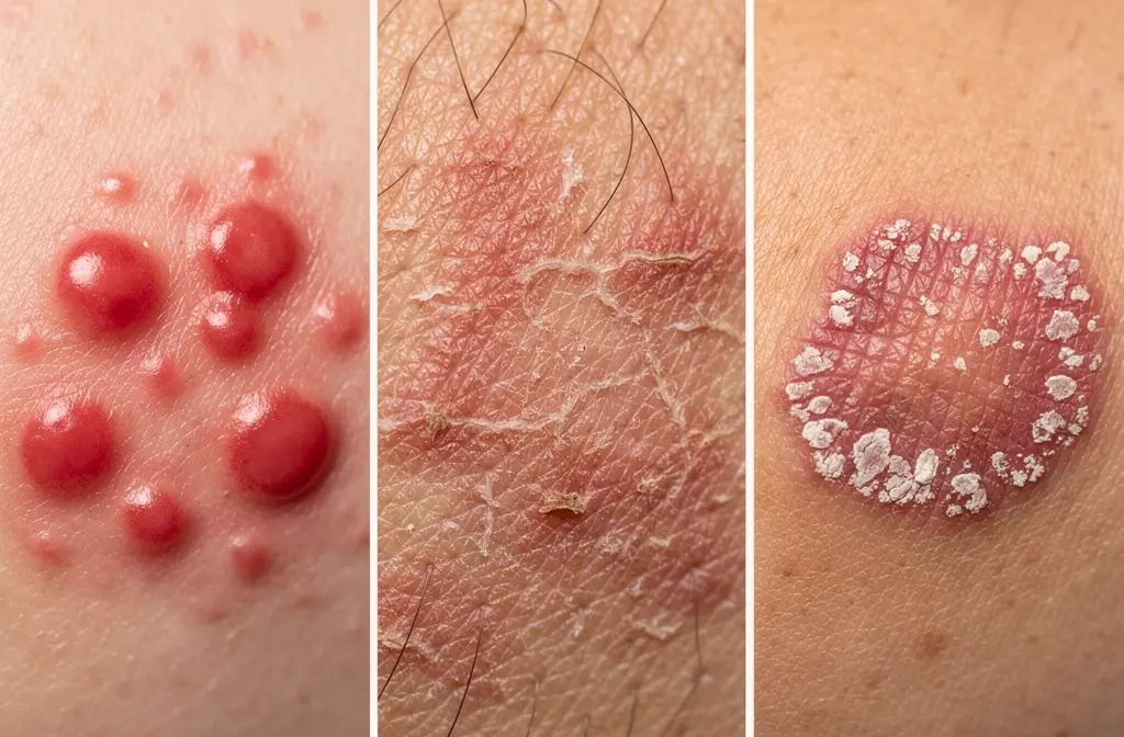Comparaison visuelle d'urticaire, d'eczéma et de psoriasis