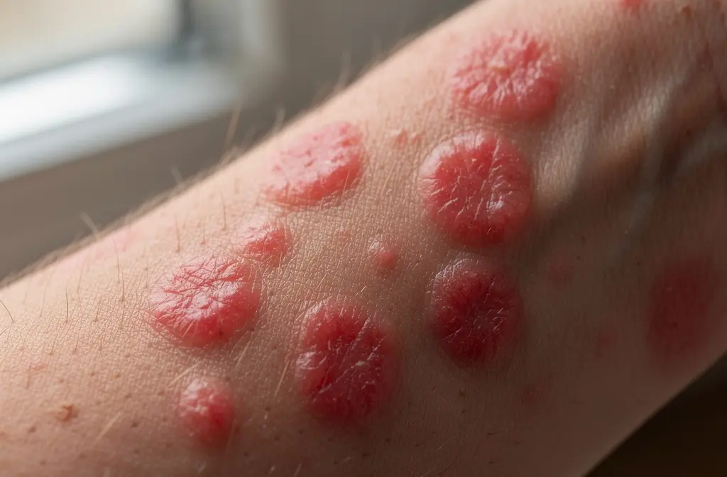 Plaques d'urticaire rouges en relief sur l'avant-bras