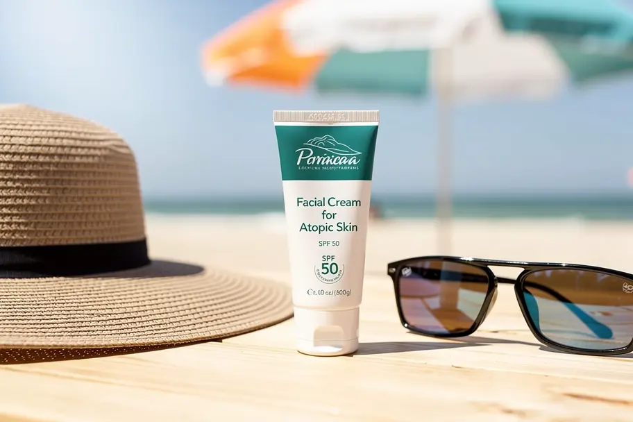 Crème protectrice pour peau atopique sur une table de plage ensoleillée avec chapeau et lunettes.