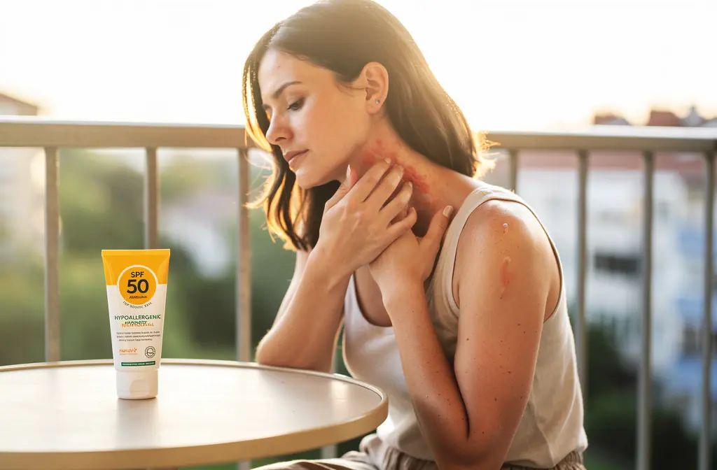 Ignorez l’arrière-plan; sur un balcon ombragé, une femme applique une crème solaire minérale SPF50 peau atopique posée sur la table.