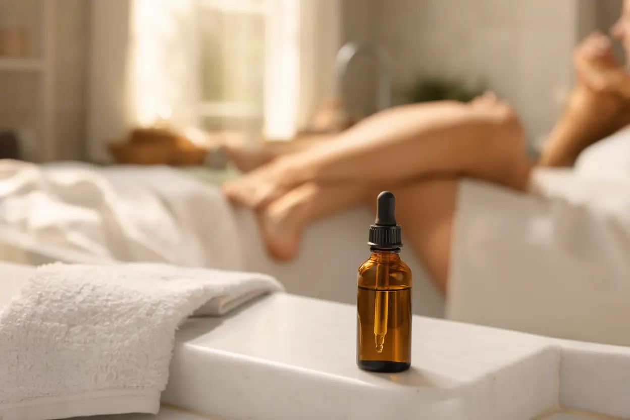 Flacon d'huile essentielle sur lavabo avec serviette blanche pour traitement de l'eczéma variqueux