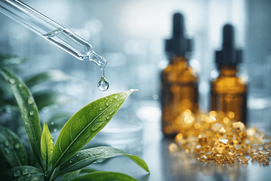 Laboratoire avec extraits de plantes et flacon d'huiles essentielles