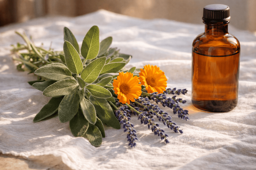 Plusieurs plantes sur un drap, de la sauge, du calendula et un flacon opaque