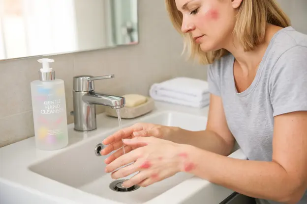 Nettoyant doux pour les mains posé sur un comptoir de salle de bain moderne, idéal pour les peaux atopiques sensibles
