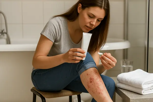 Un tube unique de crème émolliente anti‑eczéma appliqué sur la jambe dans une salle de bain, pour une routine préventive.