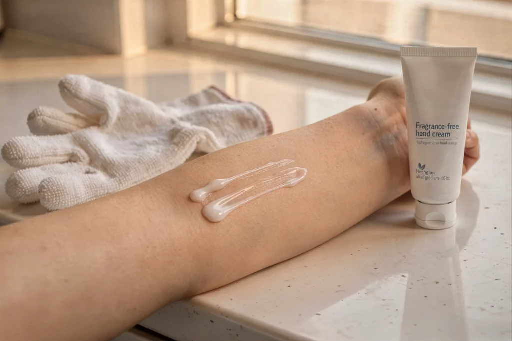 Crème pour les mains hypoallergénique posée près d'un bras en cours d'hydratation dans une salle de bain lumineuse