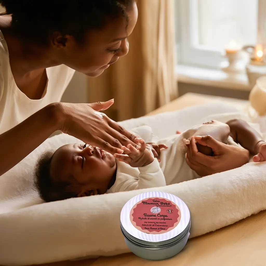 Maman appliquant un baume hydratant sur la peau de son bébé noir pour soulager l'eczéma atopique.