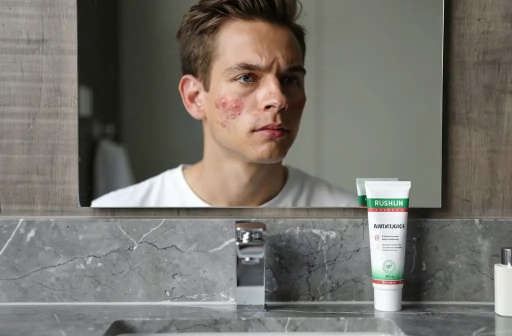 Personne stressée observant son reflet avec une crème antifongique sur le lavabo