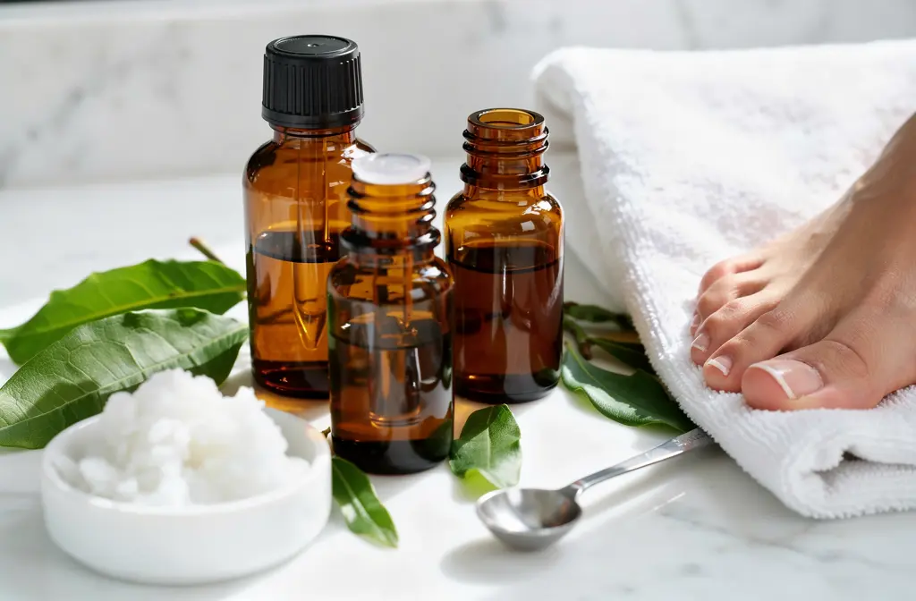 Flacon d'huile essentielle antifongique posé sur un comptoir de salle de bain à côté d'un pied lors d'un traitement quotidien.