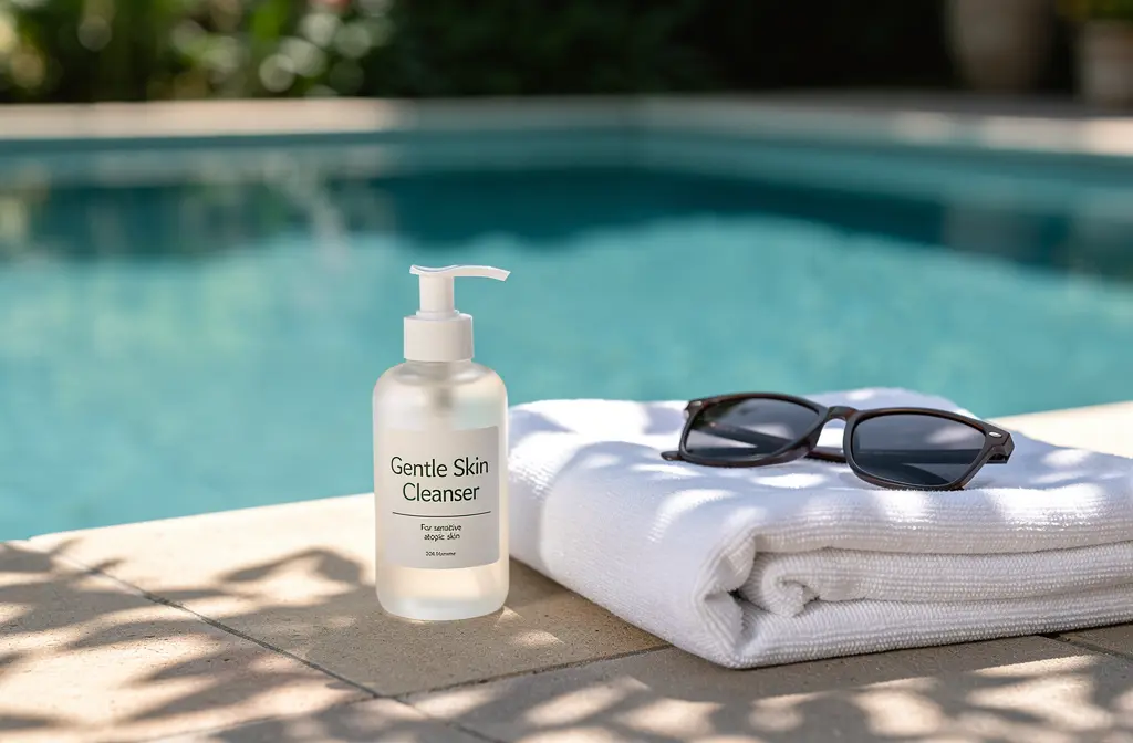 Nettoyant doux pour peau atopique posé sur une table au bord de la piscine à l'ombre, évoquant les soins après-soleil.