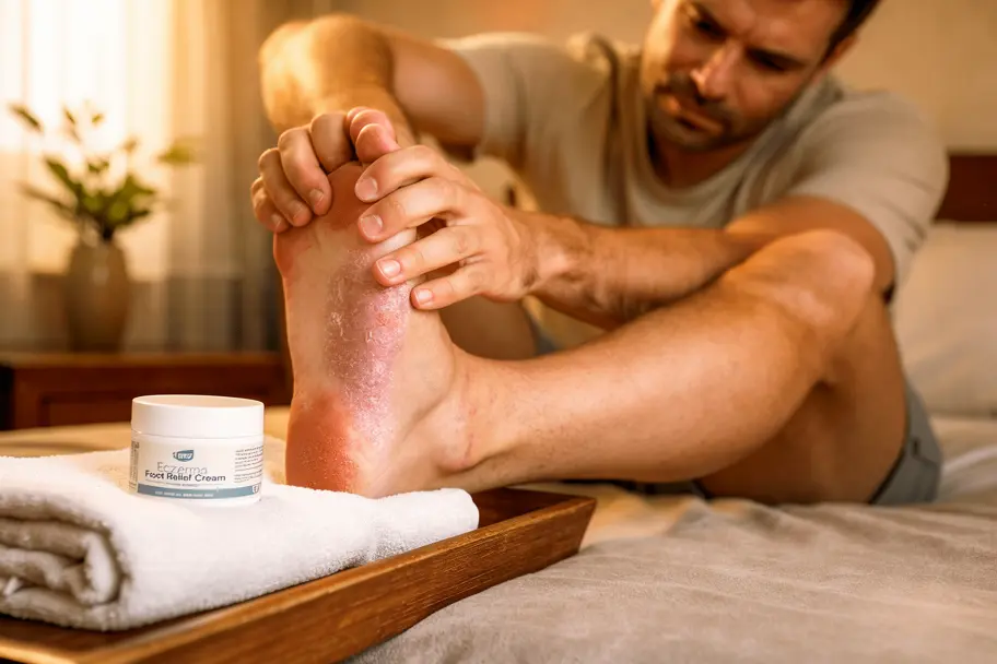 Crème pour l'eczéma du pied posée sur un plateau avec une serviette dans une chambre lumineuse