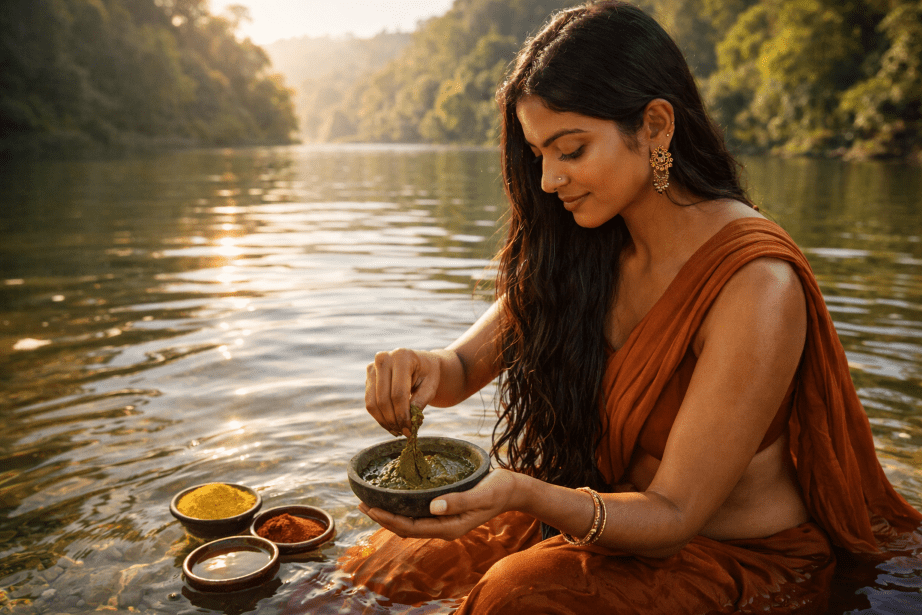 femme indienne proche d'une rivière qui mélange des poudres ayurvédiques