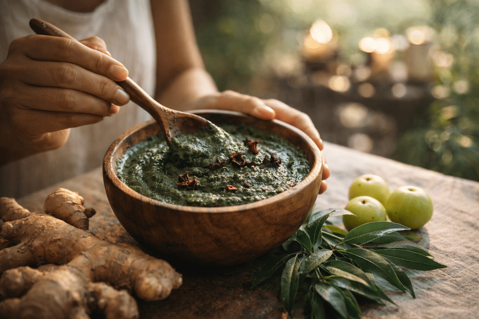 préparation d'un cataplasme pour les cheveux avec des poudres ayurvédiques