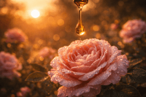 image sur une fleur de rose musquée ou l'on dépose une goutte de rosé