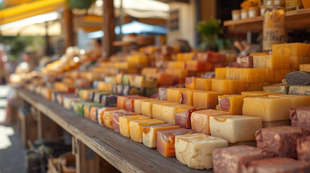 Sur un marché en Provence, une étale avec plusieurs savons