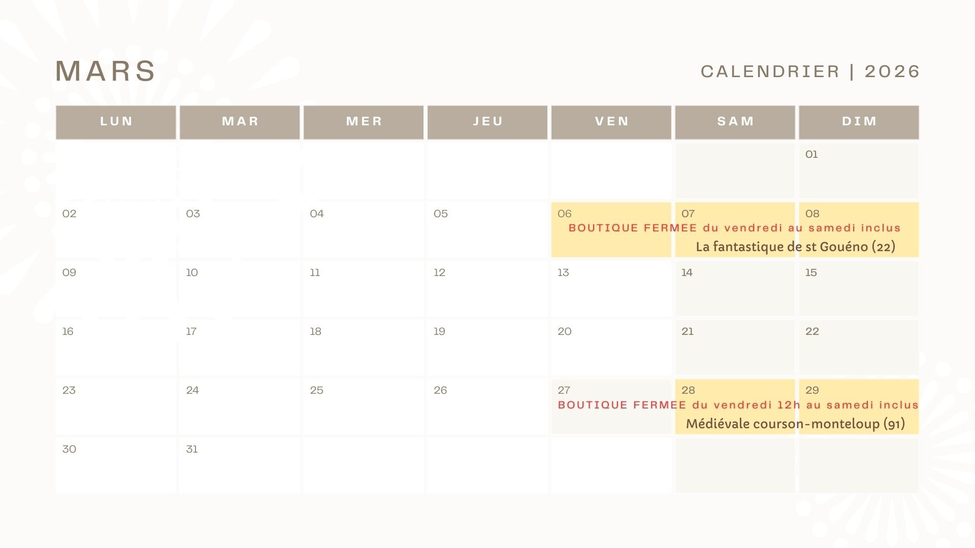 Calendrier salon médiéval mars 2026 Savonnerier Art n'O