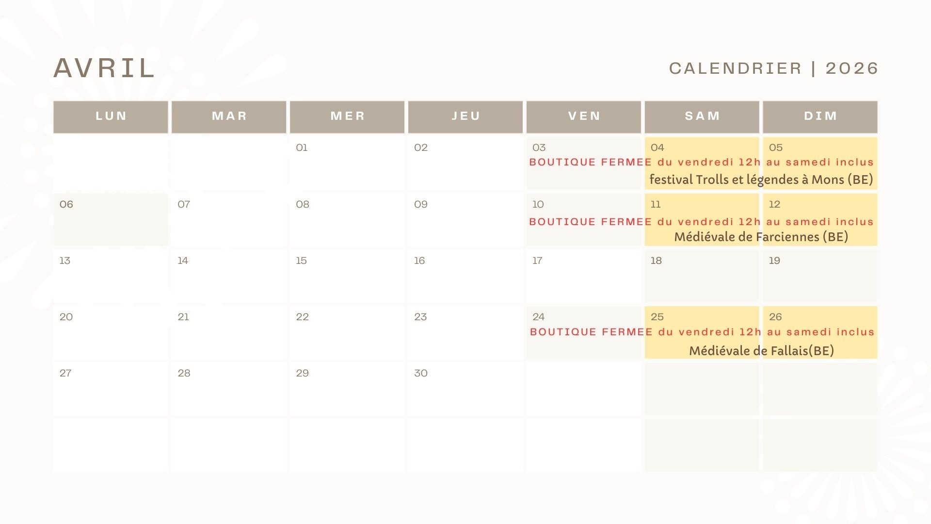 Calendrier salon médiéval avril 2026 Savonnerier Art n'O