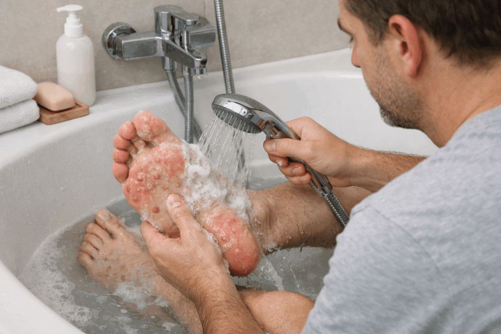 Homme dans un bain qui soigne son eczéma au pied