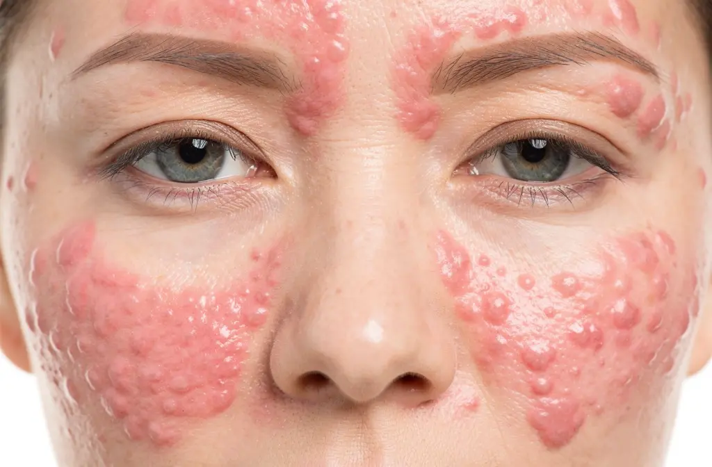 Plaques d'urticaire rose-rouge sur le visage d'une femme
