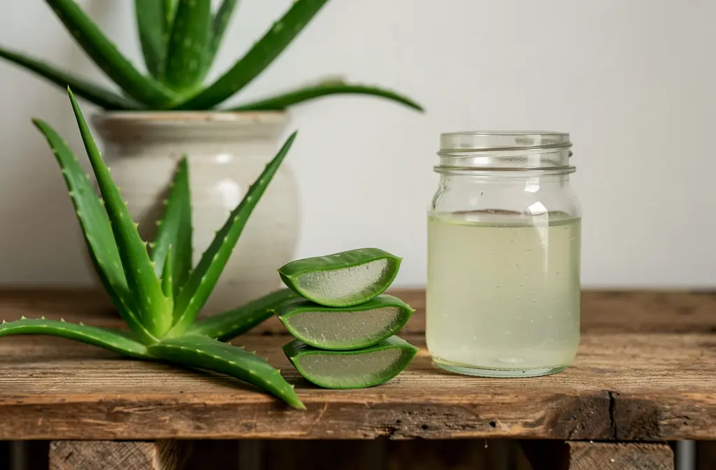 Gel d'aloe vera naturel avec feuilles fraîches sur étagère en bois