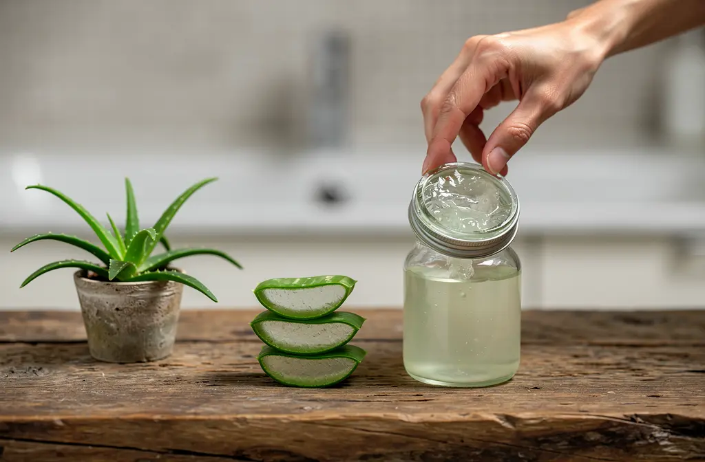 Guan aloe vera et tranches d’aloès vertes sur table en bois, jarre d’extrait clair et main ouvrant le couvercle, décor cuisine.