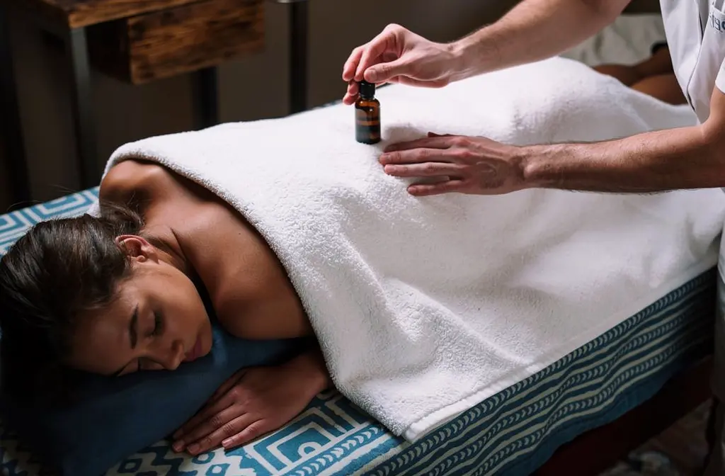 Application d'huile essentielle sur le dos lors d'un massage relaxant