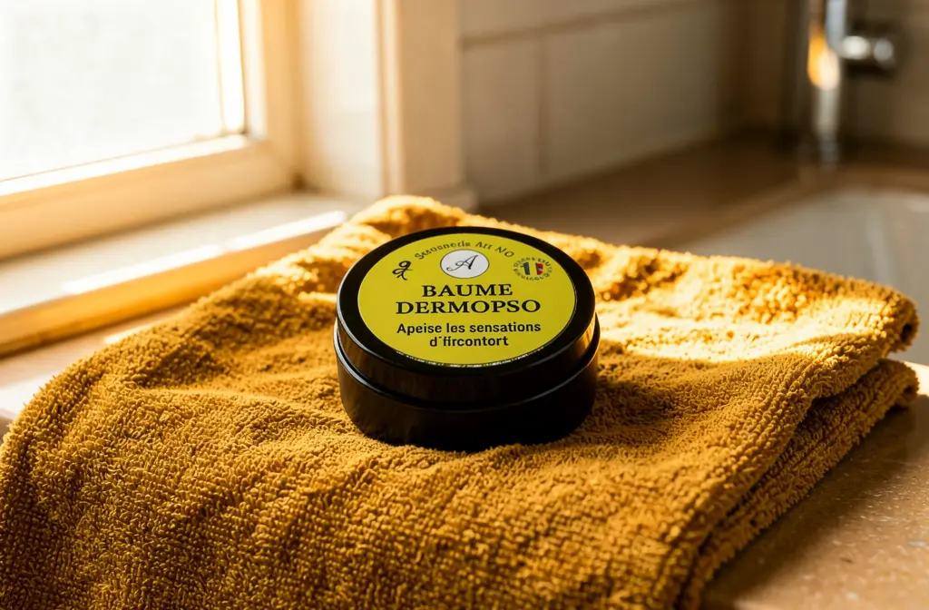 Pot de baume apaisant Dermopso posé sur une serviette douce dans une salle de bain lumineuse