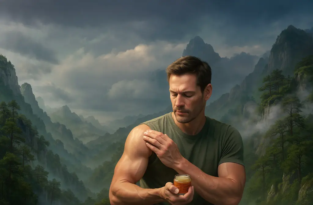 Homme appliquant un baume apaisant maison sur son épaule