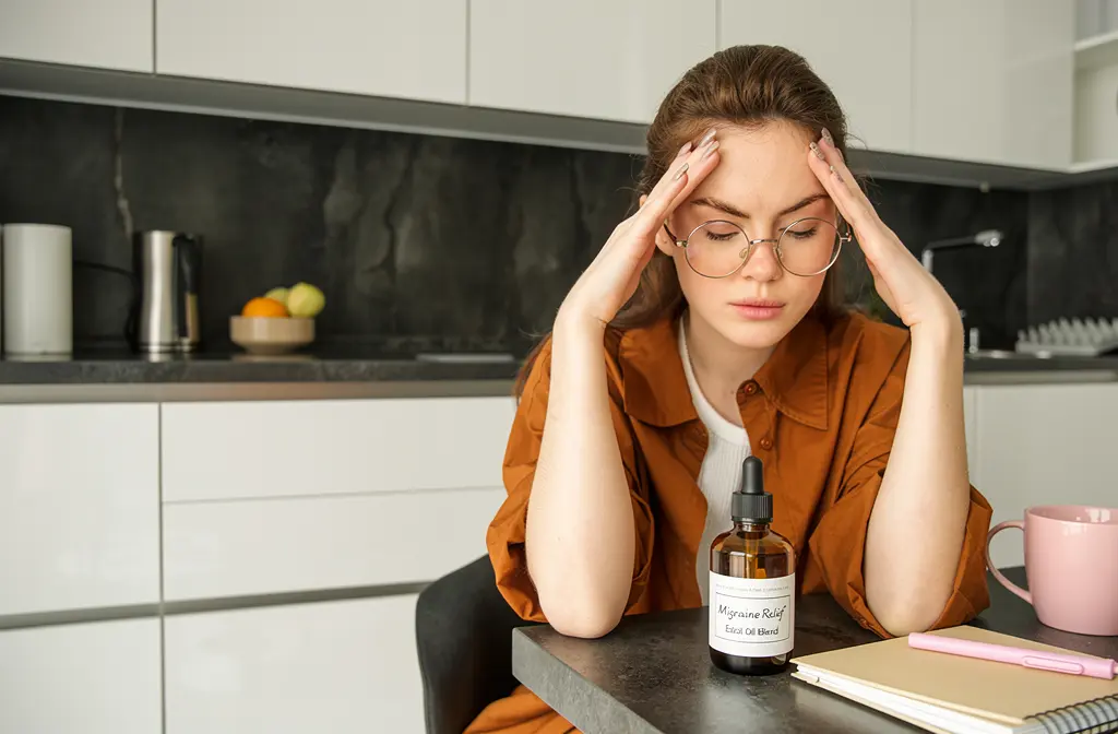 Femme souffrant de migraine avec flacon d'huile essentielle sur le comptoir de cuisine