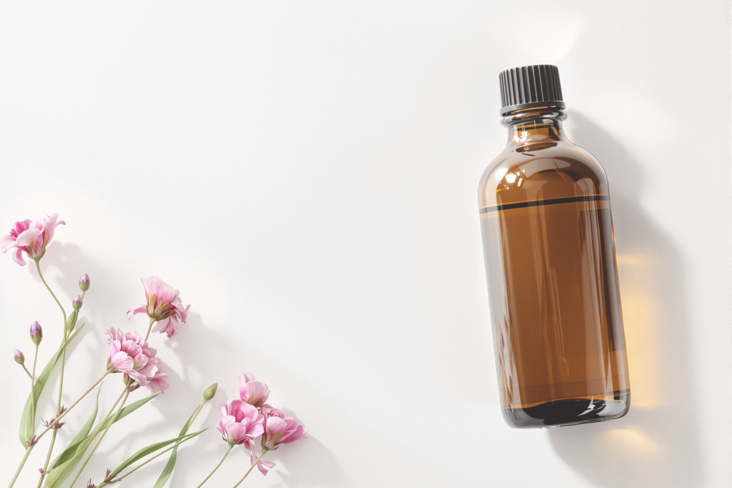 Flacon en verre ambré avec compte-gueules et fleurs roses (huiles essentielles) sur fond blanc.