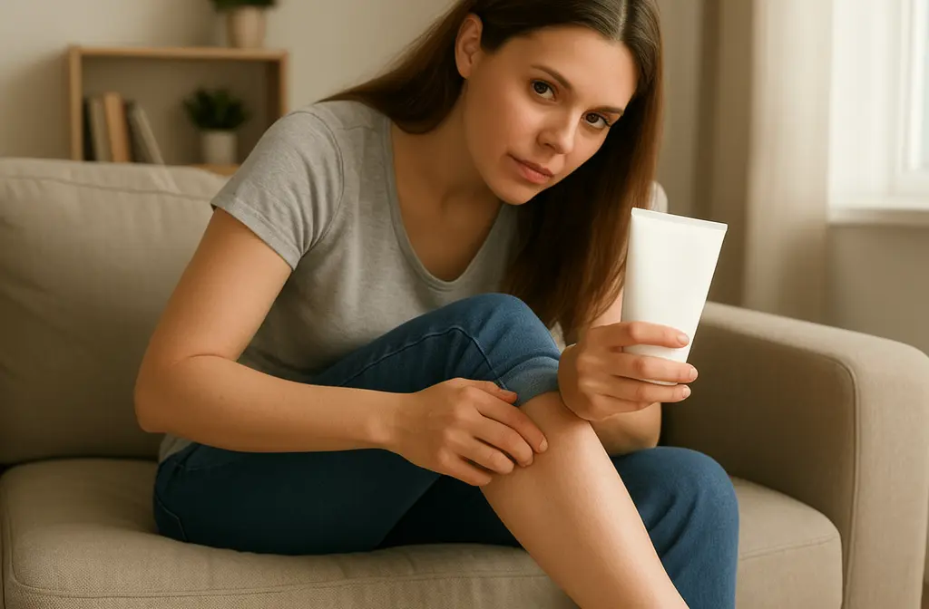 Femme examinant une irritation cutanée sur sa jambe inférieure