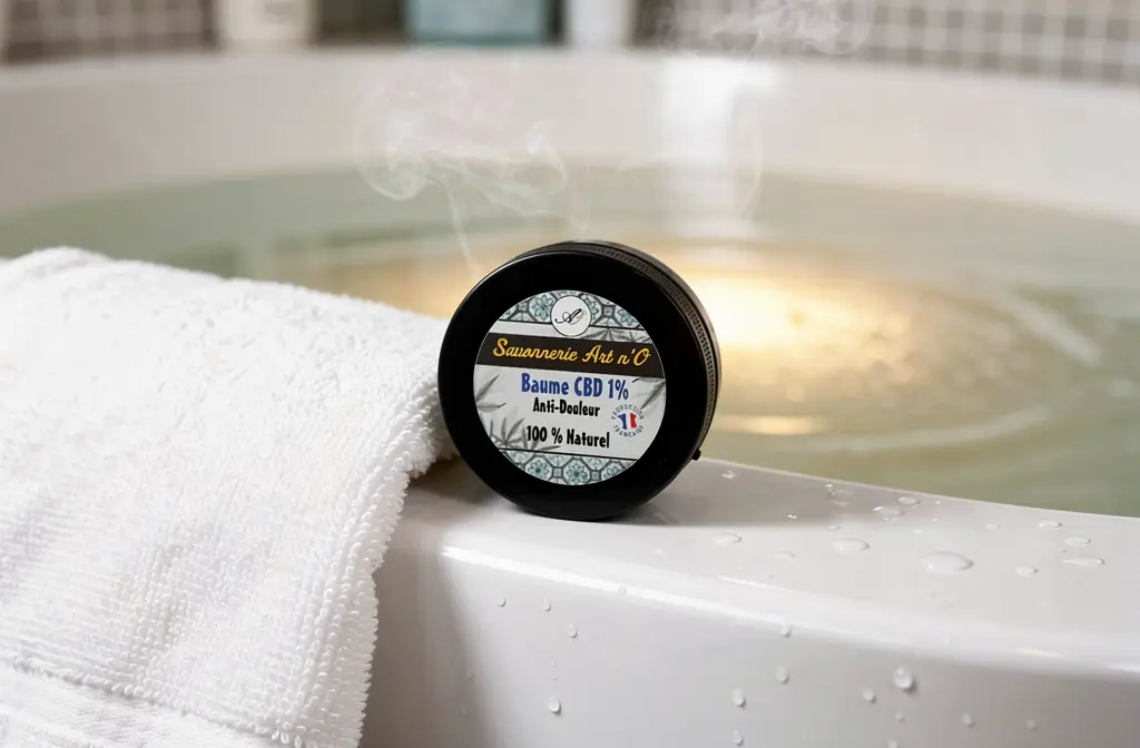 Baume CBD anti-douleur posé au bord d'une baignoire remplie d'eau chaude fumante.