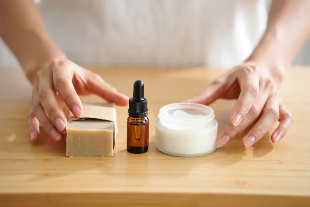 Composition maison d'un savon, flacon huile essentielle et beurre de karité sur une table