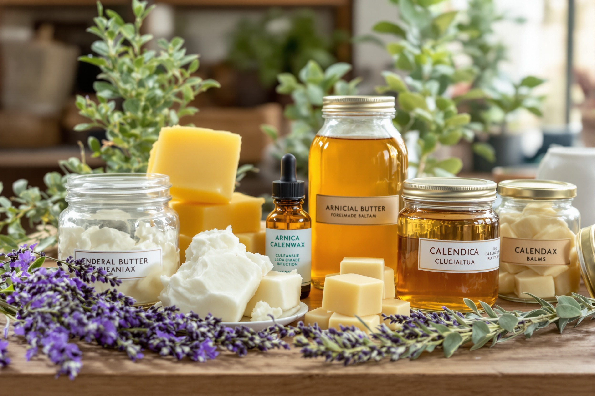 Assortiment de soins naturels pour arthrose: pots de beurre et crèmes au miel et plantes, cubes de beurre, huile botaniques, étiquettes Calendica et Arnica, lavande en avant.